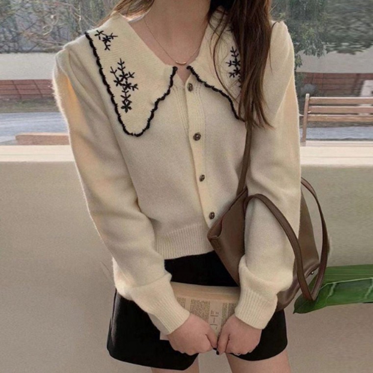여성 넥자수 니트 가디건